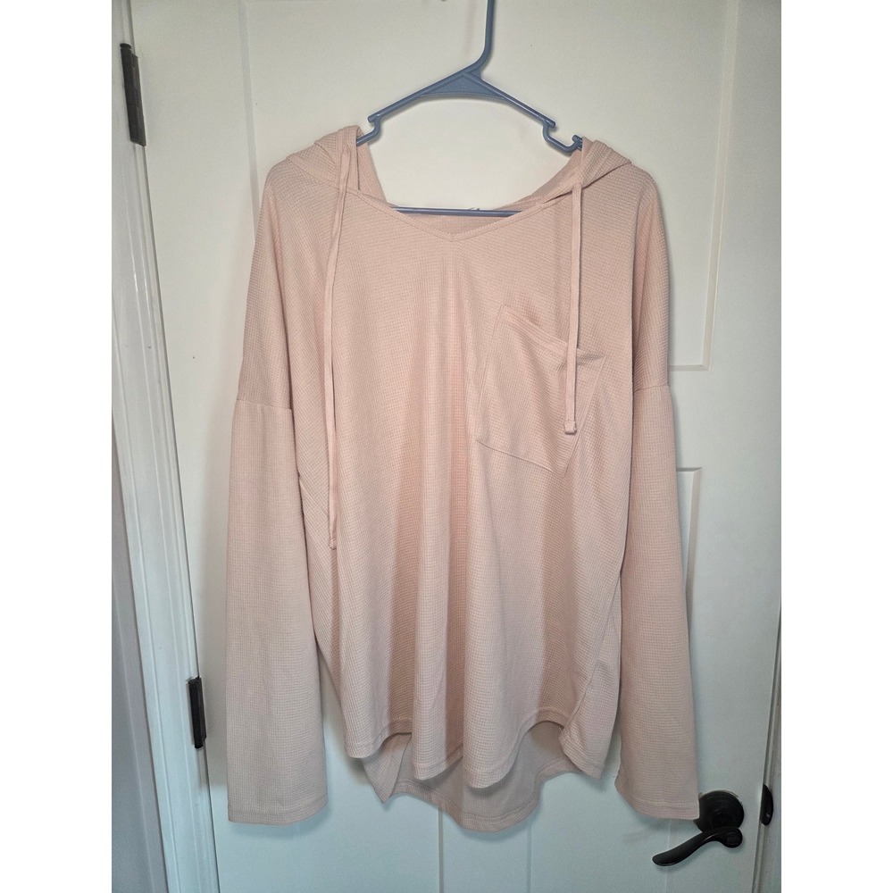 Morhuduck Waffle Knit Hoodie Pink V-Neck Long Sleeve Pocket Top NWT 2XL